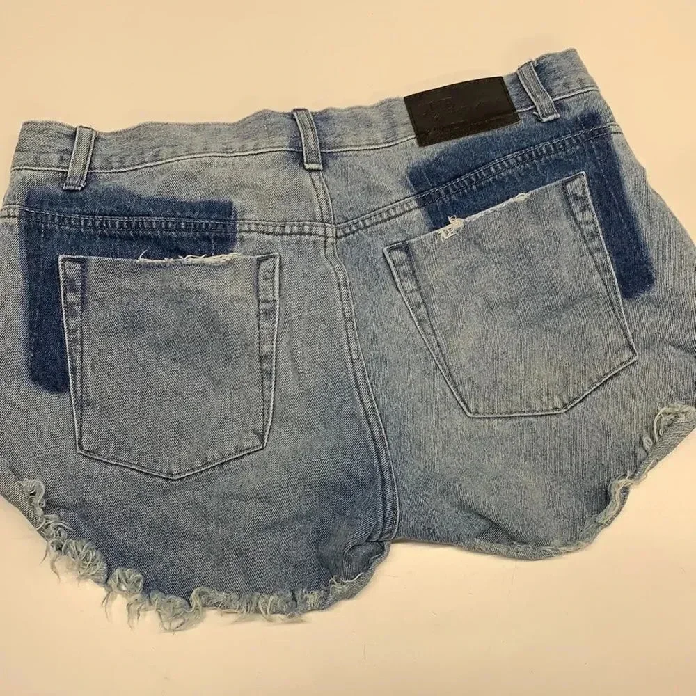 One Teaspoon Bandits Denim Jean Shorts Button Fly Twisted Distressed Blue 28